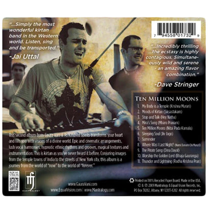 Two musicians passionately play traditional Indian drums on stage during Mantralogys Moods of Kirtan event. The background features the audience, equipment, and text overlays with artist quotes, a tracklist, and a barcode in the upper right.
