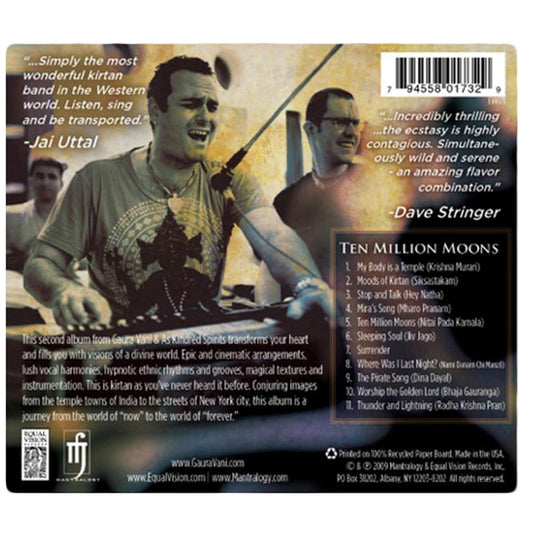 Two musicians passionately play traditional Indian drums on stage during Mantralogys Moods of Kirtan event. The background features the audience, equipment, and text overlays with artist quotes, a tracklist, and a barcode in the upper right.