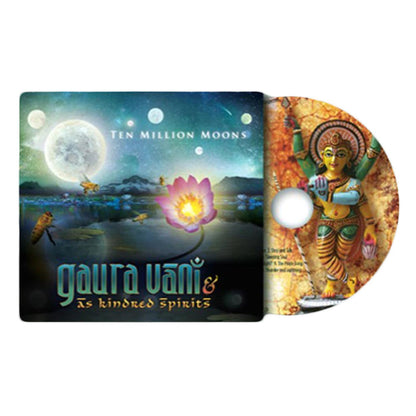 Mantralogy CD cover for Ten Million Moons by Gaura Vani & As Kindred Spirits showcases a colorful celestial scene: lotus flower, full moon, planet, and a Hindu deity figure. Inspired by Moods of Kirtan.