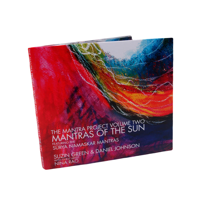 A vibrant CD case titled Mantras of the Sun from The Mantra Project Volume Two by Suzin Green features abstract artwork, Surya Namaskar mantras, and guest artist Nina Rao.