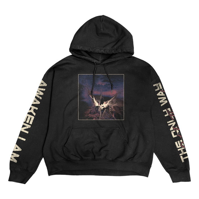 Awaken I Am black hoodie features a graphic of two hands reaching upward on the front. Left sleeve has AWAKEN I AM and right sleeve THE ENEMY WITHIN in bold, light-colored text.