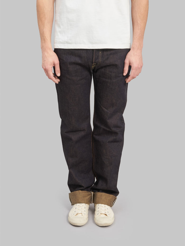 the strike gold 2103 brown weft regular straight selvedge jeans front fit