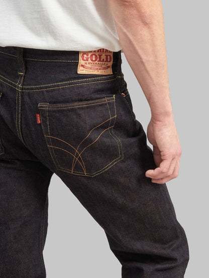 the strike gold 2103 brown weft regular straight selvedge jeans back pocket
