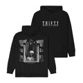 Black hoodie by Thirty Nights of Violence with the band’s name in white on the front. The back displays a black-and-white image of a person facing a haunted mirror reflecting a ghostly figure.