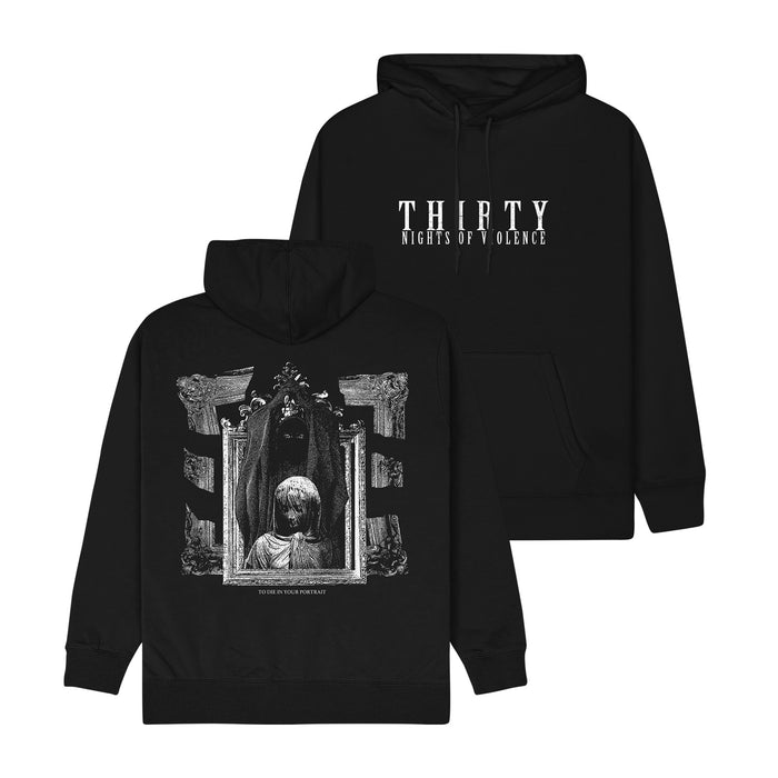 Black hoodie by Thirty Nights of Violence with the band’s name in white on the front. The back displays a black-and-white image of a person facing a haunted mirror reflecting a ghostly figure.