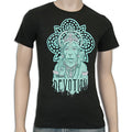 A black Mantralogy t-shirt with a turquoise illustration of a monkey in ornate attire, a mandala-style background, and DEVOTION printed below.