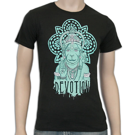 A black Mantralogy t-shirt with a turquoise illustration of a monkey in ornate attire, a mandala-style background, and DEVOTION printed below.