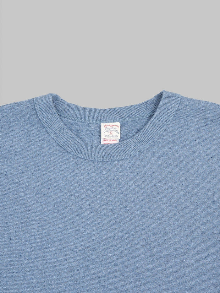 ues recycled denim short sleeve tshirt blue neck closeup