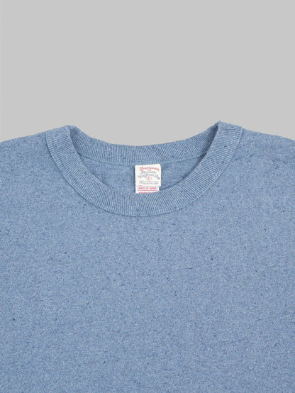 ues recycled denim short sleeve tshirt blue neck closeup