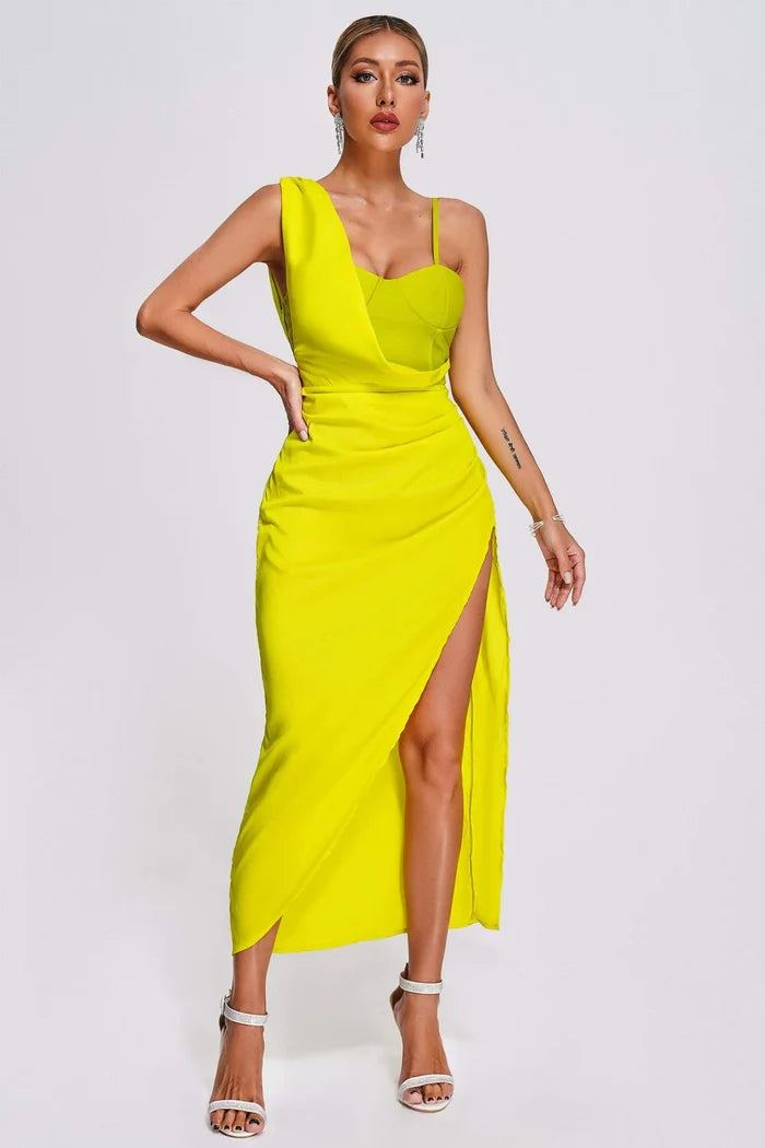Valenciaa Lime Draped Bustier Slit Dress