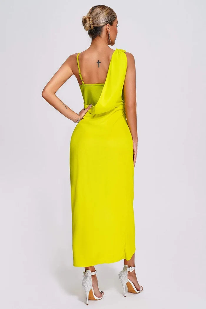 Valenciaa Lime Draped Bustier Slit Dress