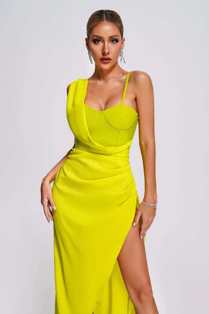 Valenciaa Lime Draped Bustier Slit Dress