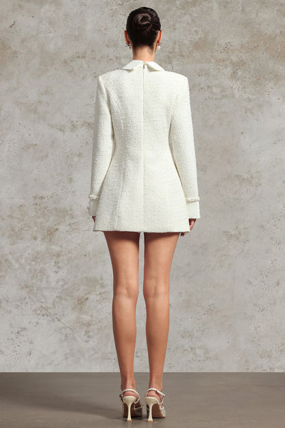 Valenciah White Tweed Long-Sleeve Mini Dress