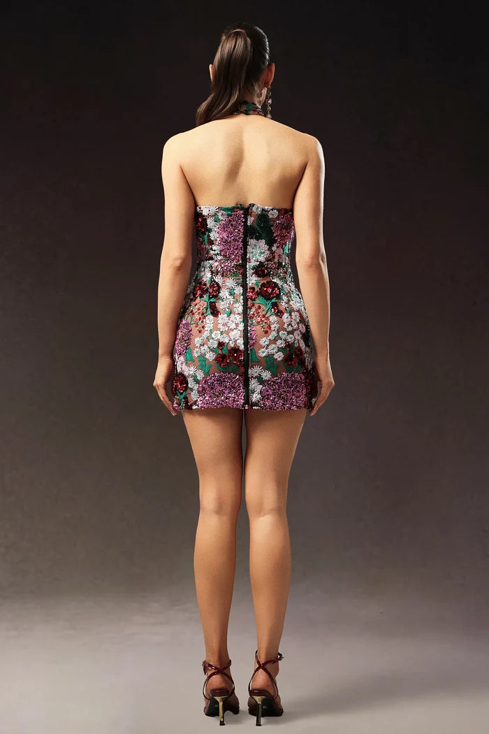 Valentina Floral Embellished Halter Mini Dress