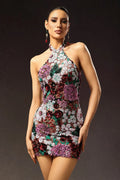 Valentina Floral Embellished Halter Mini Dress