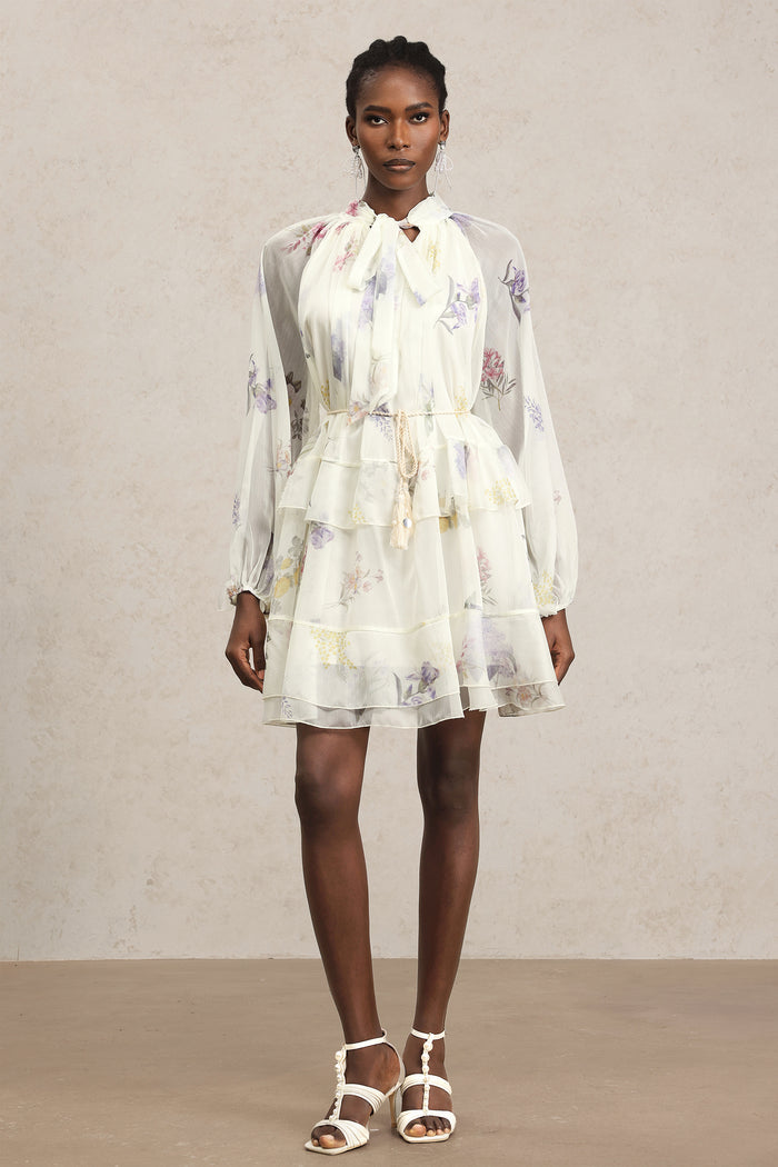 Valleria Elegant Floral Chiffon Tie-Neck Dress