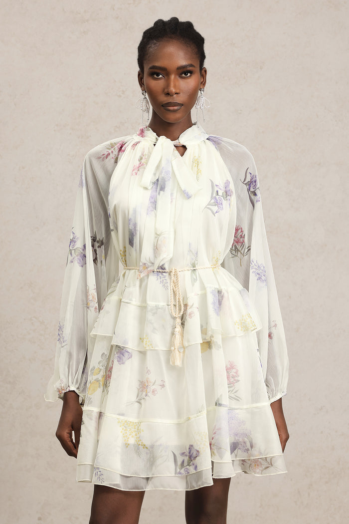 Valleria Elegant Floral Chiffon Tie-Neck Dress