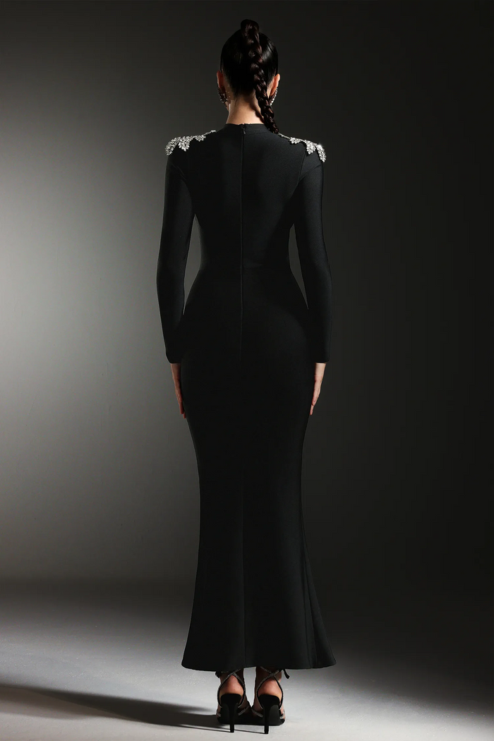 Velvette Crystal-Embellished High-Neck Gown with Slit