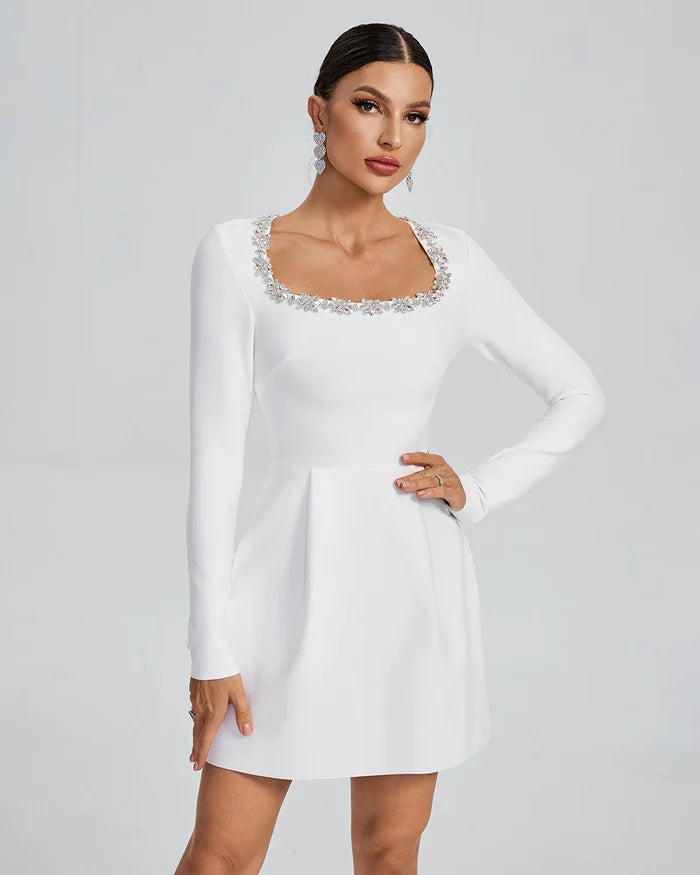 Vespera White Crystal Trim Mini Dress