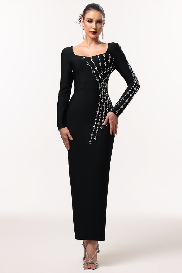 Viola Embellished Sculpted Long Black Gown