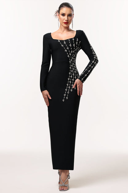 Viola Embellished Sculpted Long Black Gown