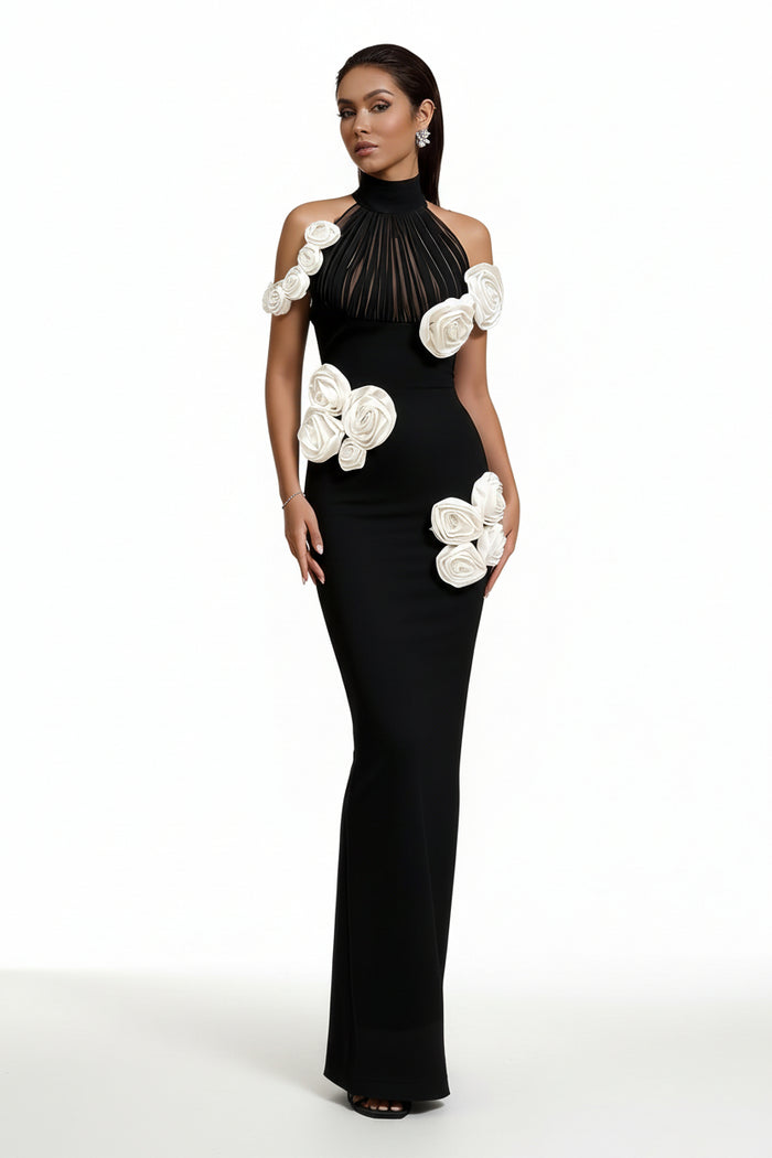 Virelle Black 3D Floral Halter Gown