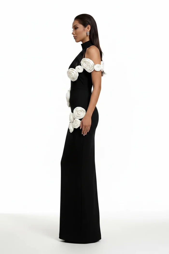 Virelle Black 3D Floral Halter Gown