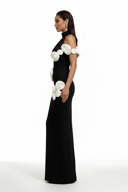 Virelle Black 3D Floral Halter Gown