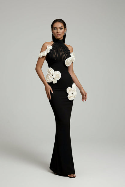 Virelle Black 3D Floral Halter Gown