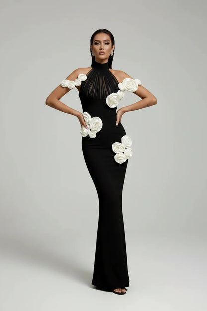 Virelle Black 3D Floral Halter Gown