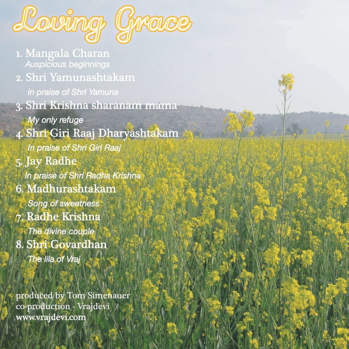 A field of yellow mustard flowers leads to distant hills beneath a cloudy sky, overlaid with yellow and white text listing eight devotional song titles and details from Vrajdevls album Loving Grace.