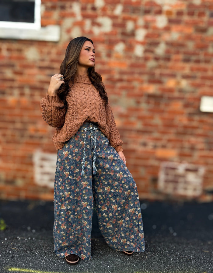 Washed Denim Floral Pants