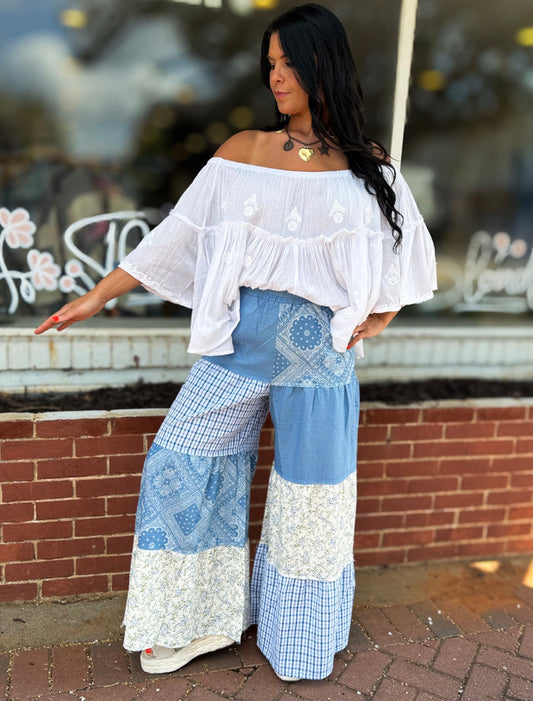 Washed Denim Patchwork Pants