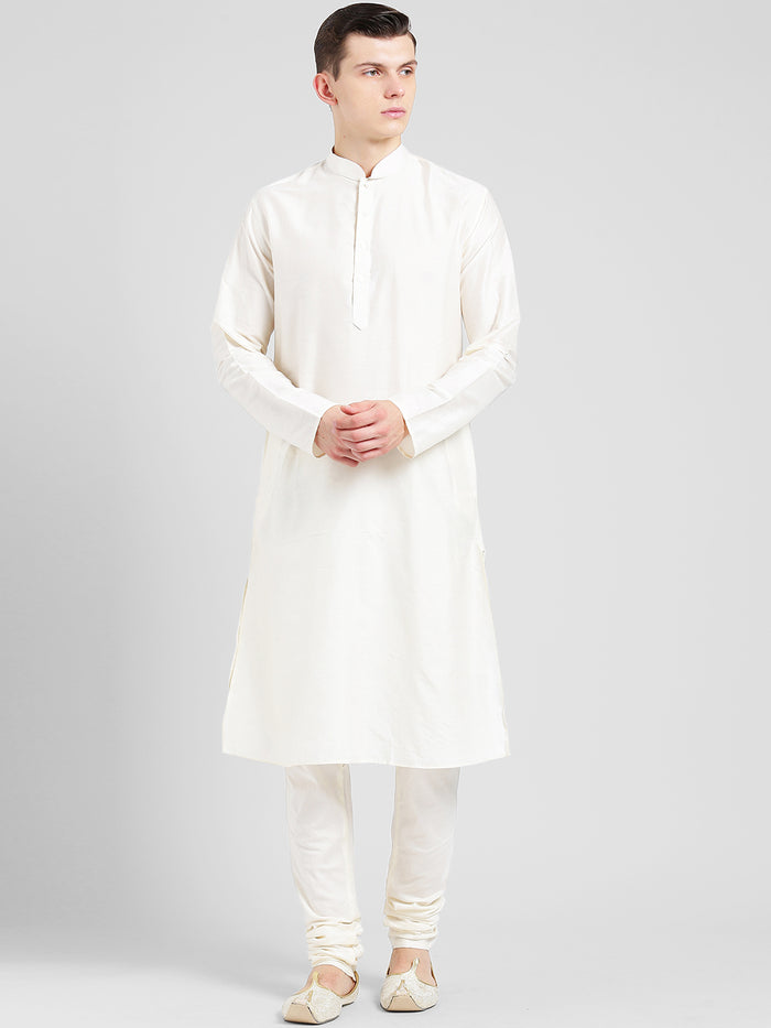White Cotton Silk Solid Kurta Churidar Set