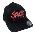 A black Skinless baseball cap in Small, Medium, and Large, featuring an embroidered SAVAGE design in blood-red and white on the front. A sticker is visible on its flat brim.