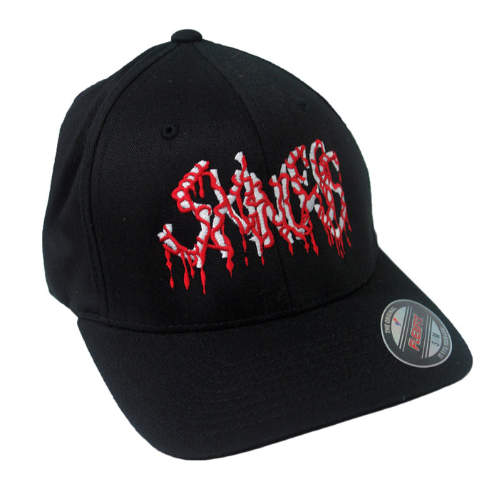 A black Skinless baseball cap in Small, Medium, and Large, featuring an embroidered SAVAGE design in blood-red and white on the front. A sticker is visible on its flat brim.