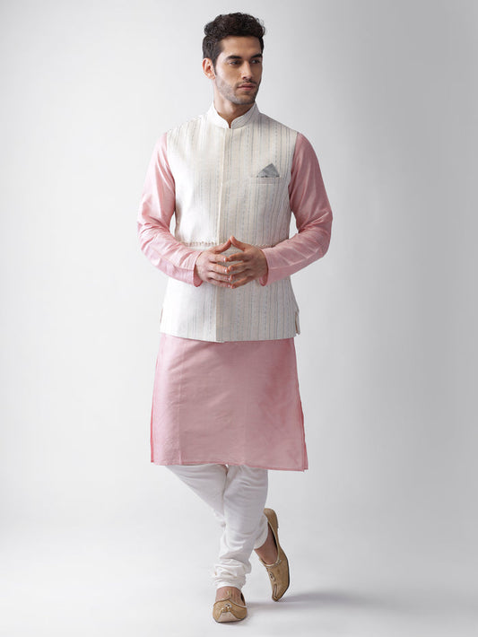 White Printed Jacket Kurta Churidar Set