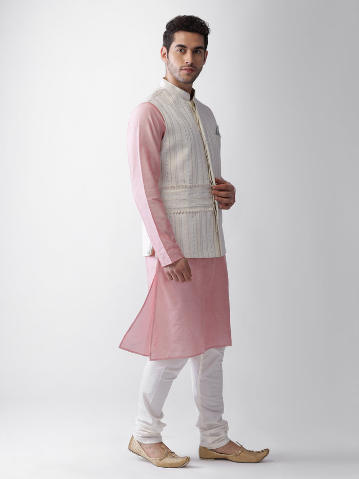 White Printed Jacket Kurta Churidar Set