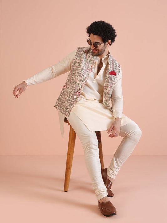White Printed Jacket Pink Kurta Churidar Set