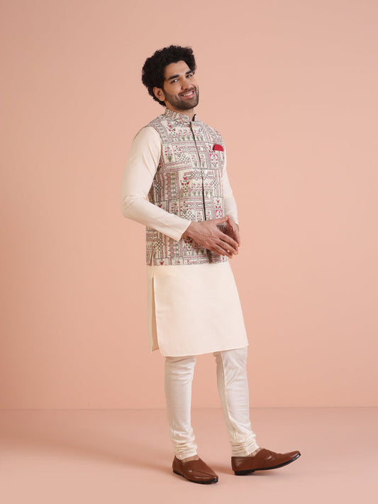 White Printed Jacket Pink Kurta Churidar Set