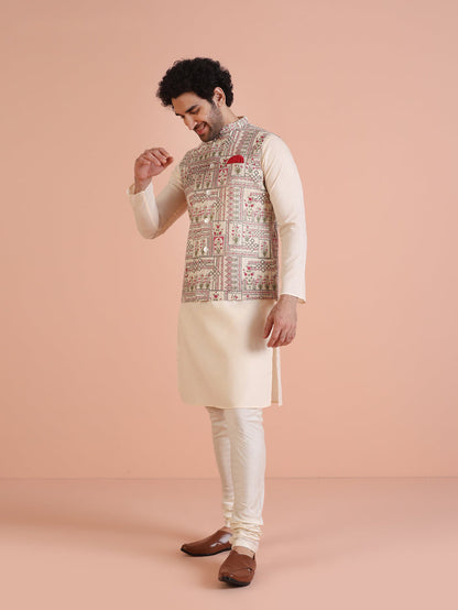 White Printed Jacket Pink Kurta Churidar Set