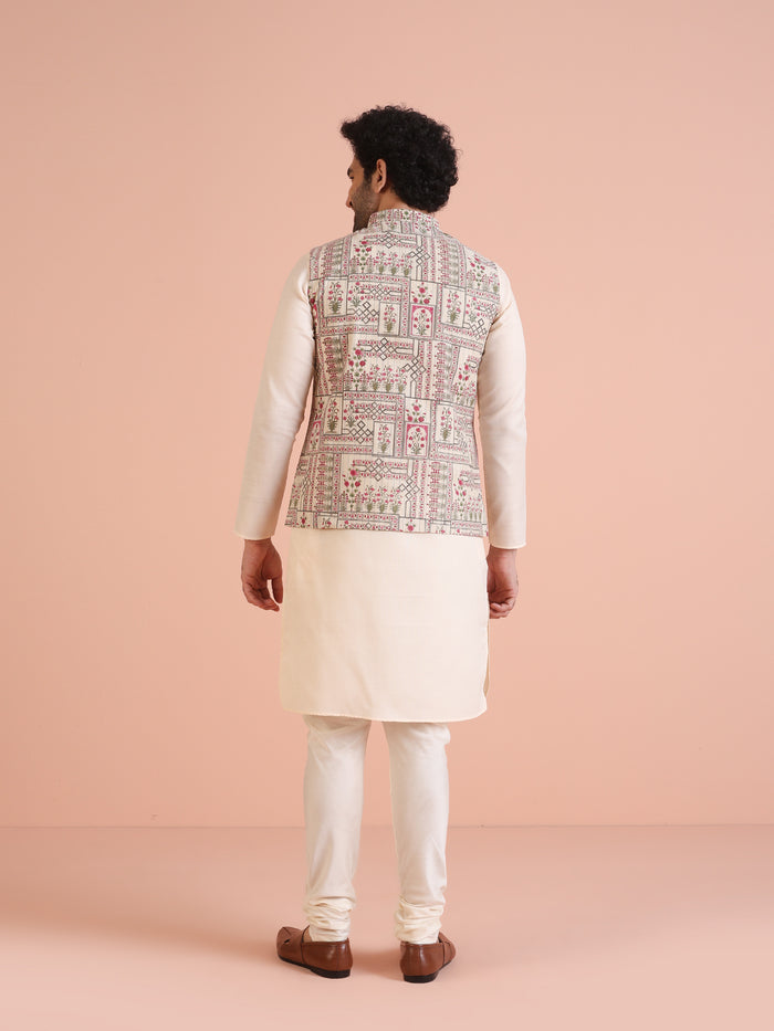 White Printed Jacket Pink Kurta Churidar Set