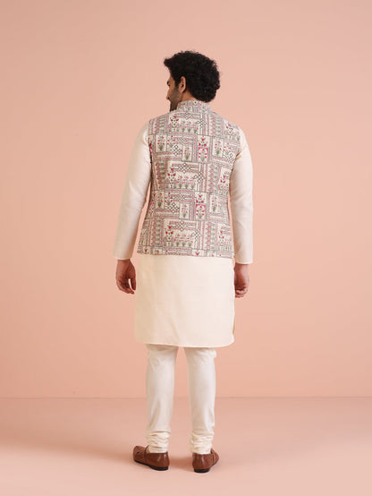 White Printed Jacket Pink Kurta Churidar Set