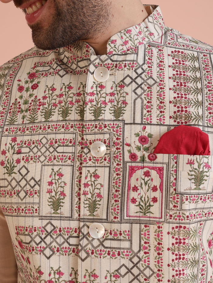 White Printed Jacket Pink Kurta Churidar Set