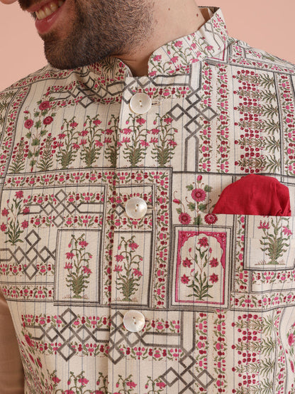 White Printed Jacket Pink Kurta Churidar Set