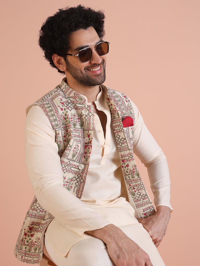 White Printed Jacket Pink Kurta Churidar Set
