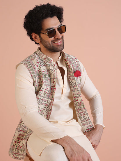 White Printed Jacket Pink Kurta Churidar Set