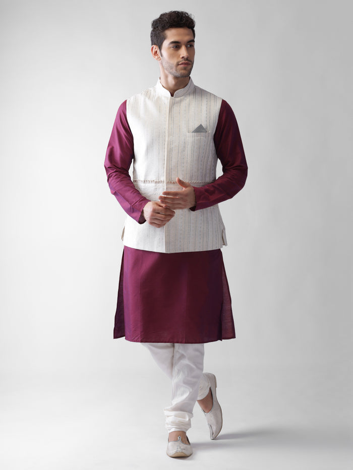 White Printed Silk Blend Nehru Jacket Kurta Churidar Set
