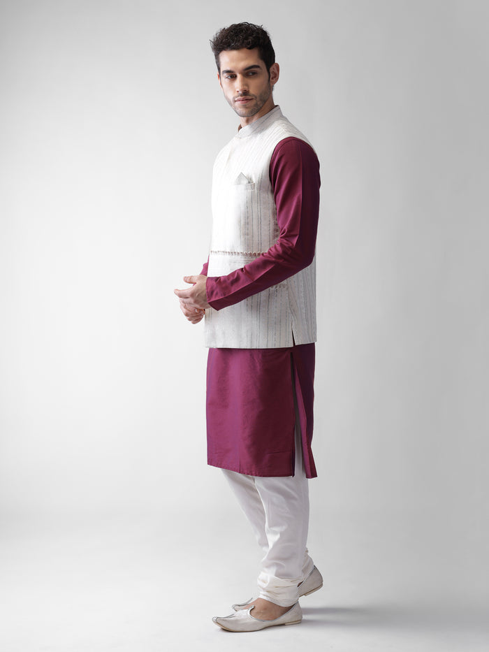 White Printed Silk Blend Nehru Jacket Kurta Churidar Set