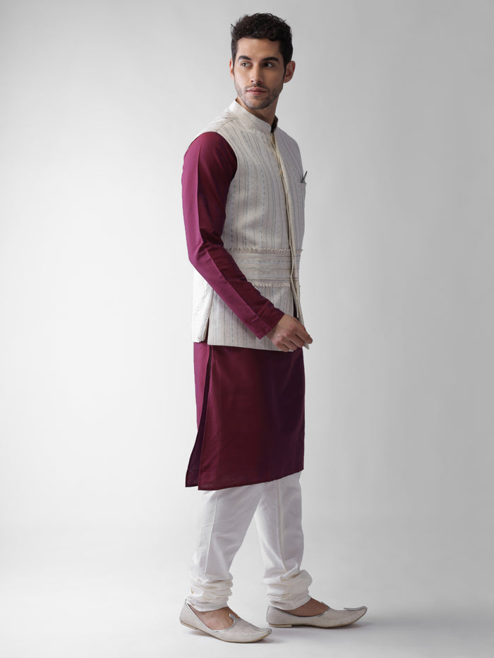 White Printed Silk Blend Nehru Jacket Kurta Churidar Set